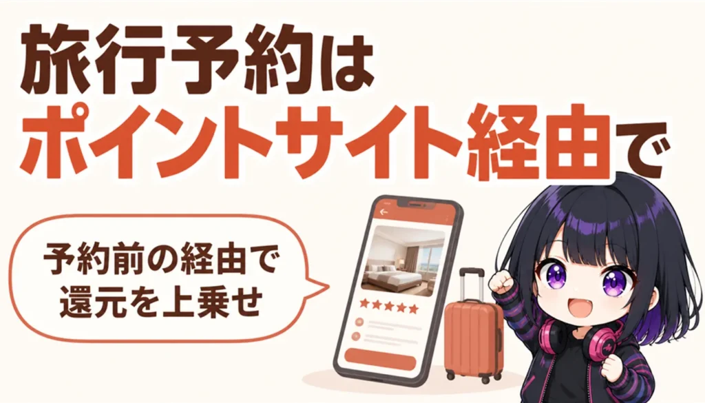 ホテル予約画面を映したスマートフォンと旅行用のスーツケース