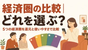 複数のポイントカードとスマホを並べた経済圏比較のイメージ