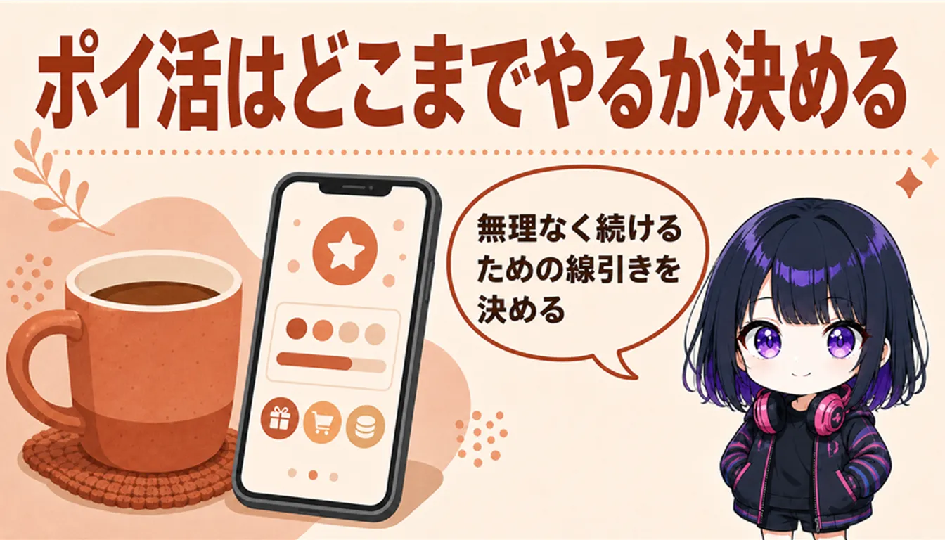 マグカップの横に置かれたスマホとポイント残高の画面