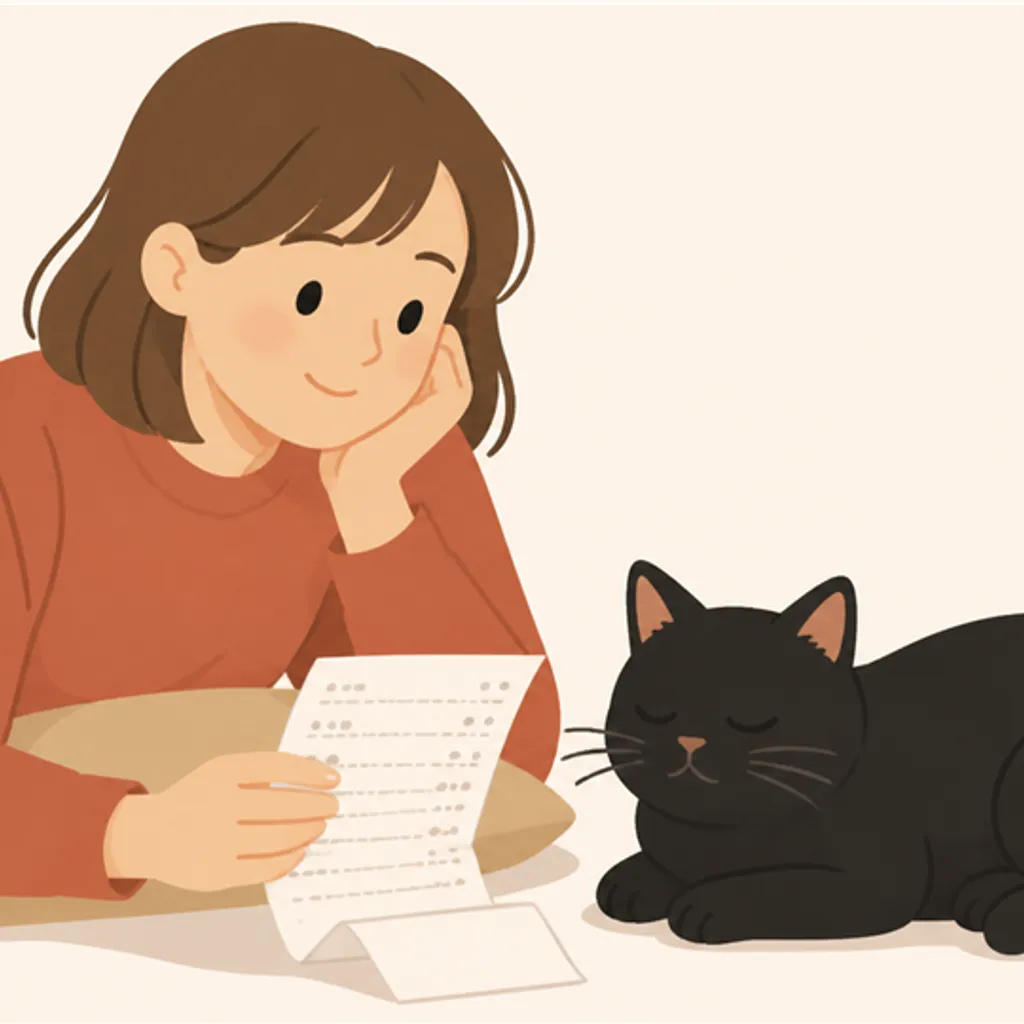 買い物のレシートのそばでくつろぐ黒猫