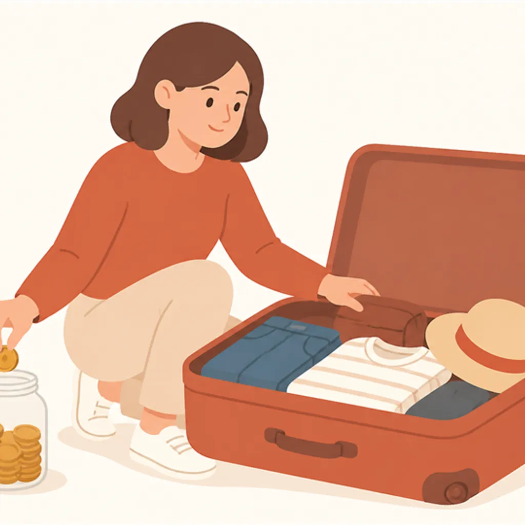 旅行用スーツケースと小銭を貯めた瓶