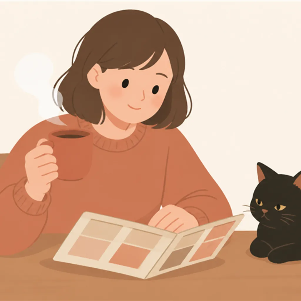 家計簿とマグカップのそばでくつろぐ黒猫