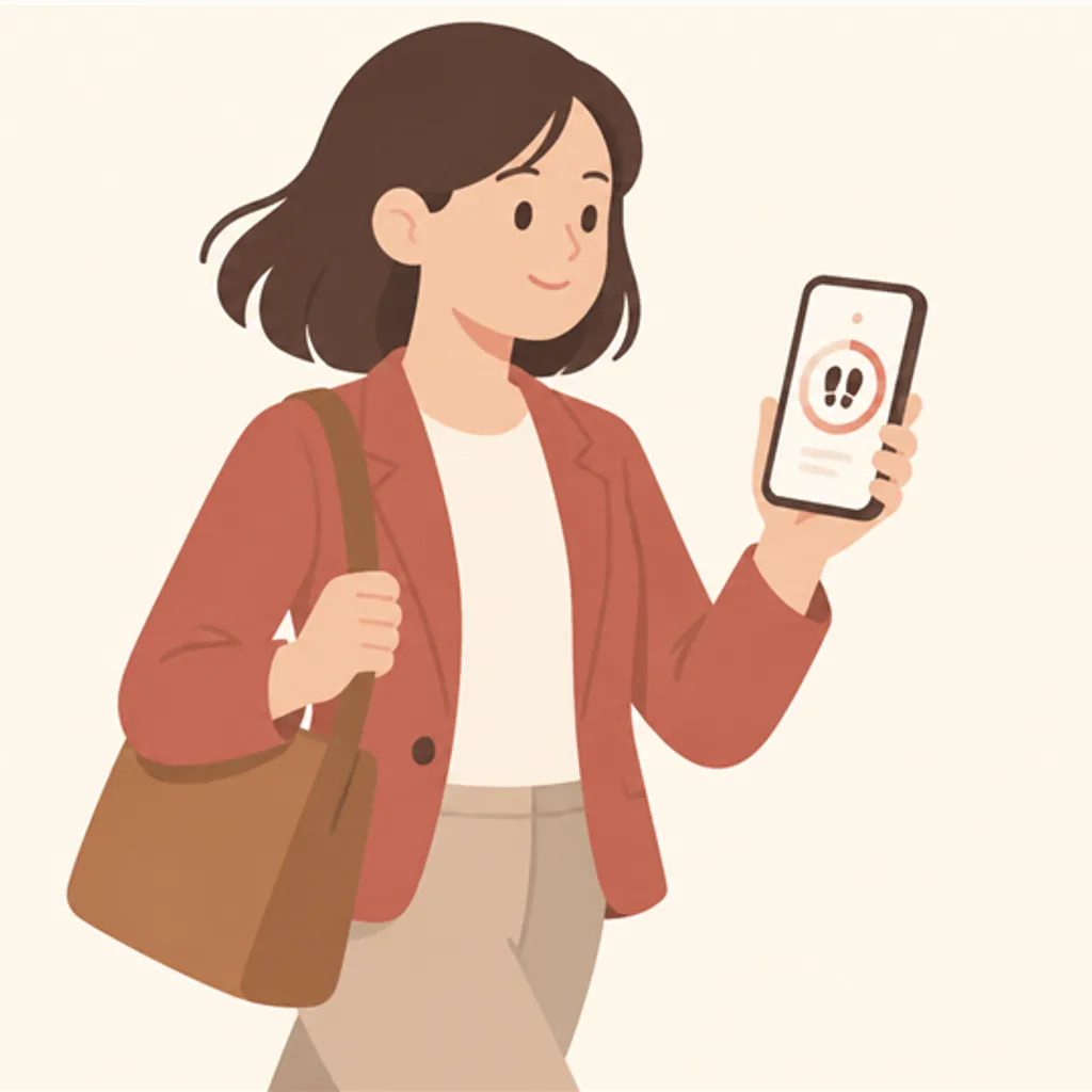 歩数計アプリを開きながら通勤する人の手元