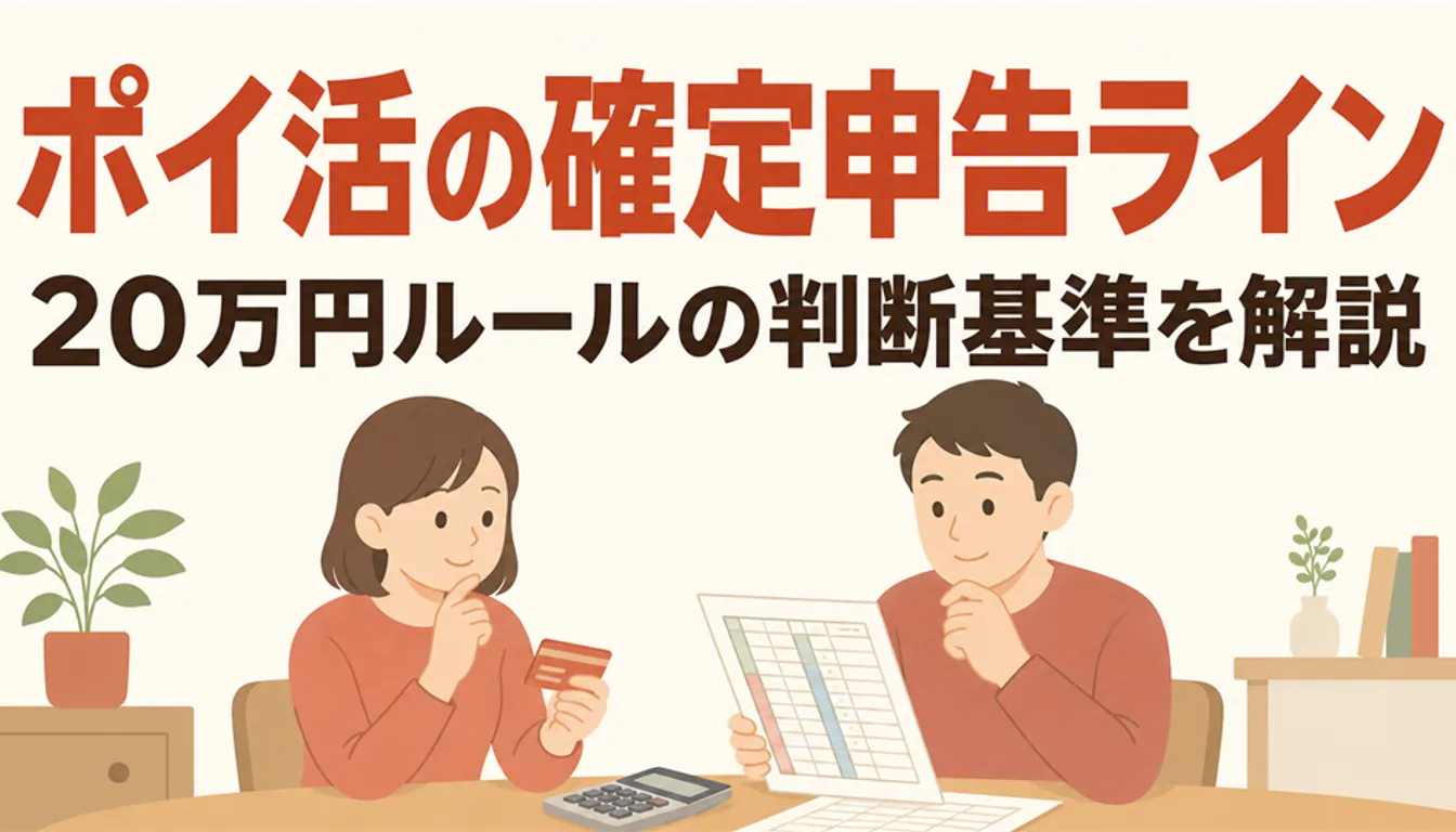 確定申告書と電卓、ポイントカードが並ぶ様子