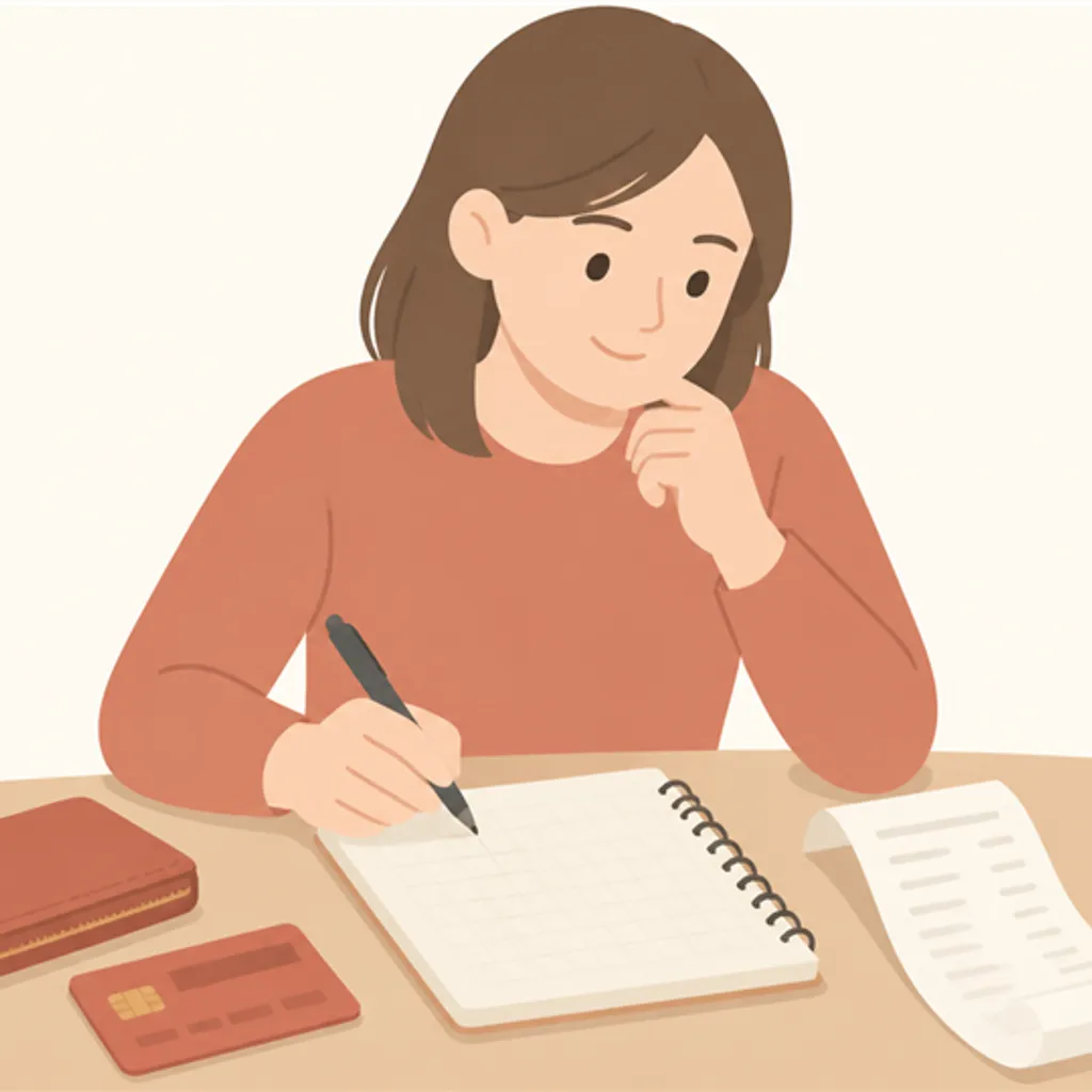 クレジットカードとレシート、書き込みのあるノート
