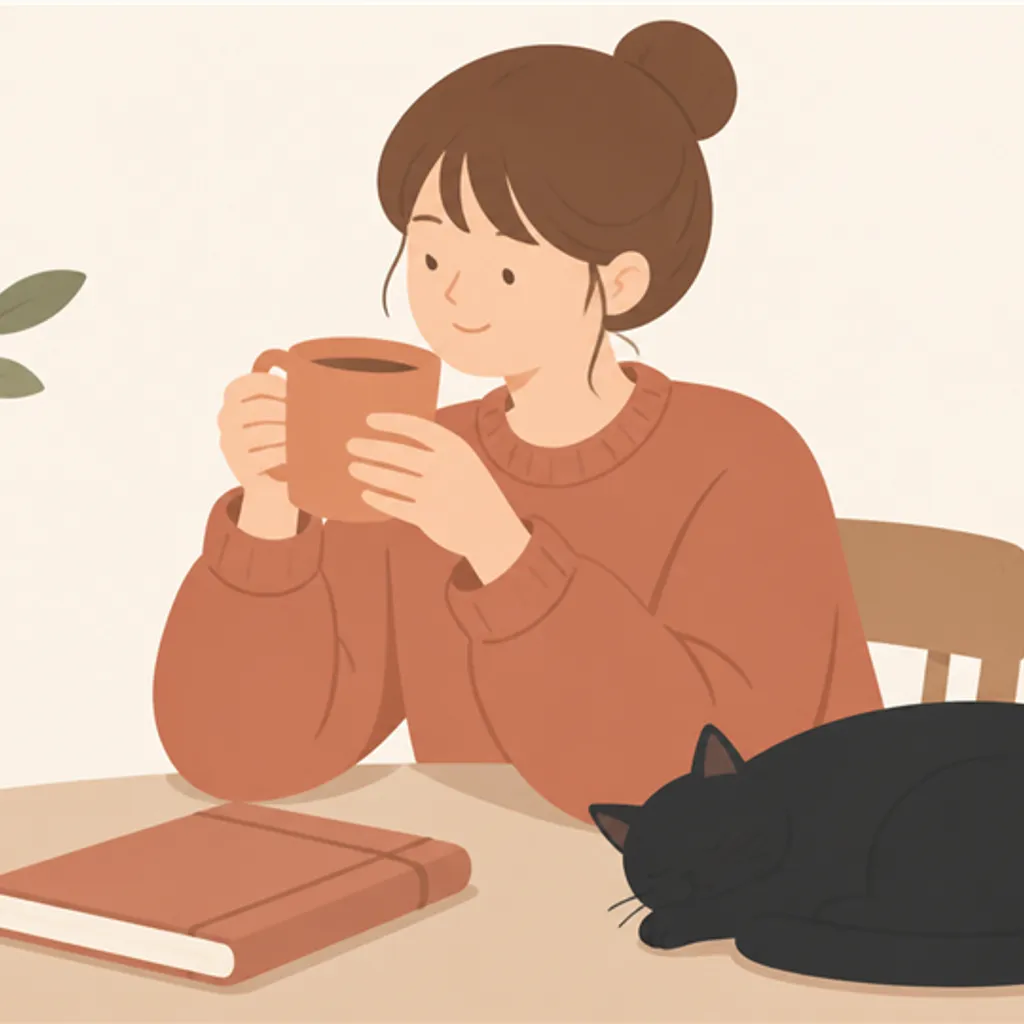 閉じたノートと湯気の立つお茶、そばで休む黒猫
