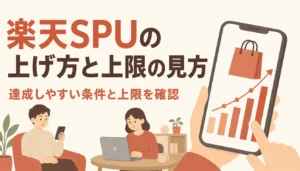 ポイント倍率のグラフを表示したスマートフォンと買い物袋