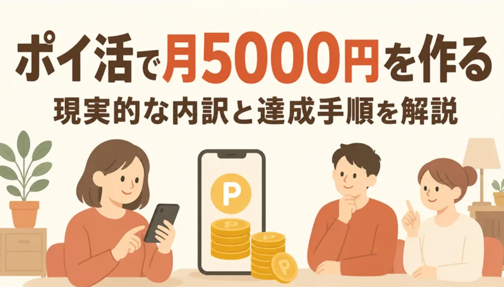 ポイント残高を表示したスマートフォンと小さな硬貨の山
