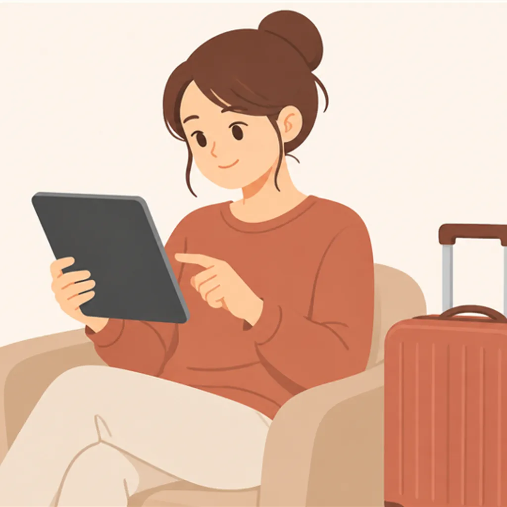 小さなスーツケースの横に置かれた旅行予約画面のタブレット