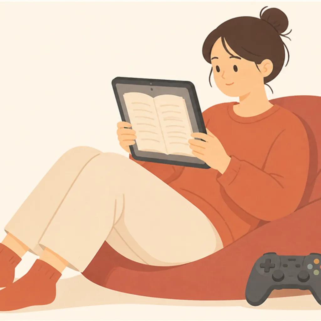 電子書籍を表示したタブレットとゲームコントローラー