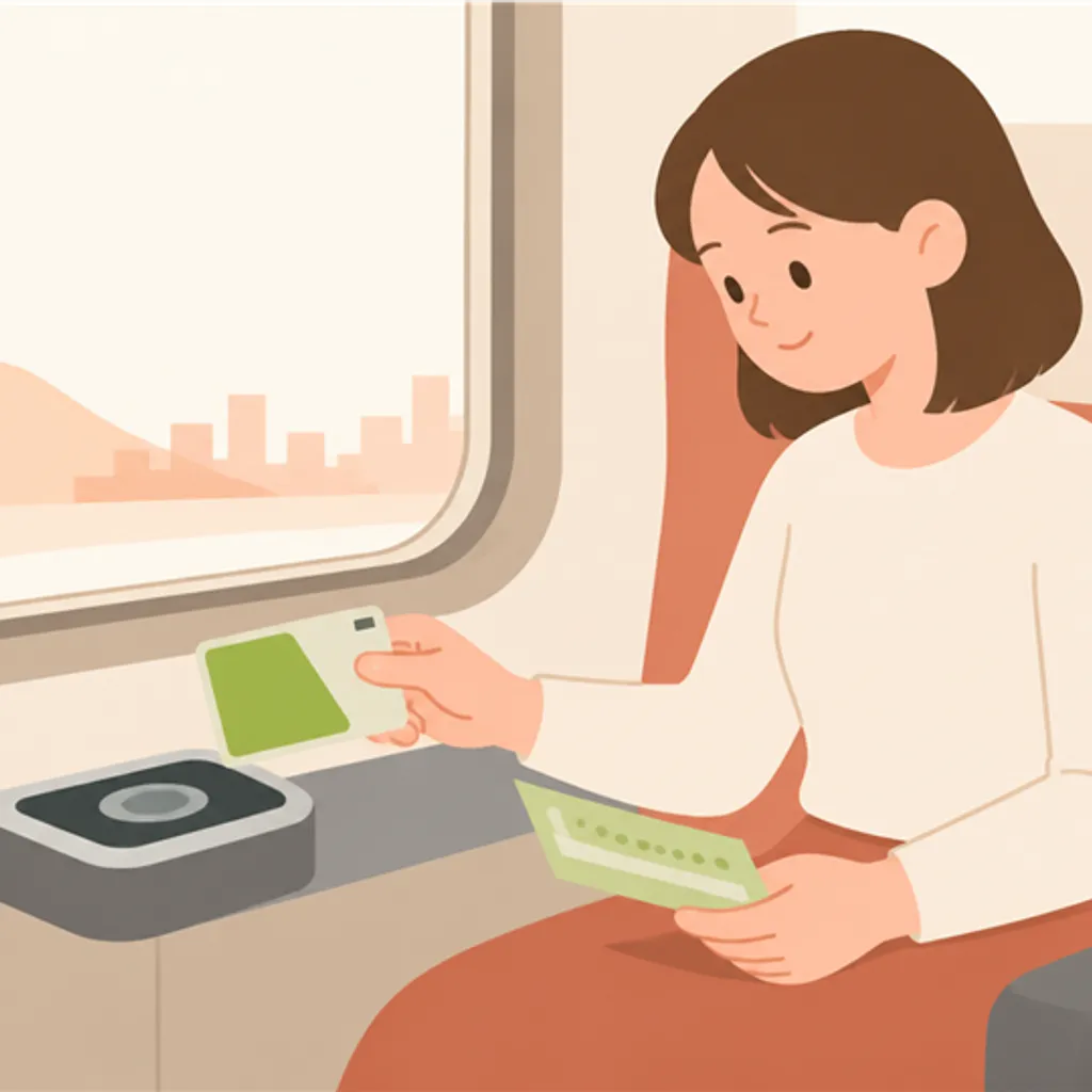 グリーン券とICカードを持って列車に乗る様子